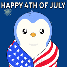 a penguin wrapped in an american flag with the words happy 4th of july behind it