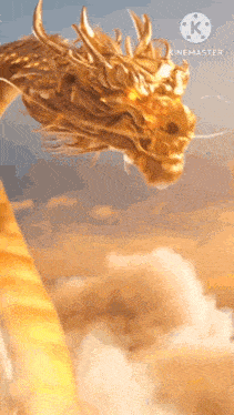 a golden dragon is flying through the sky .