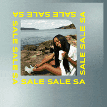a picture of a woman sitting on a rock with the words sale sale sa surrounding her