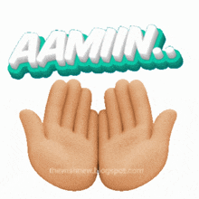 the word aamin is on a white background next to a pair of hands