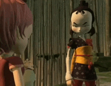 two cartoon characters are standing next to each other in front of a wooden fence