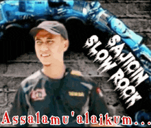a man in a hat is standing in front of a sign that says " slow rock "