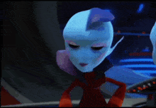 a close up of a cartoon character with a blue head and red sleeves