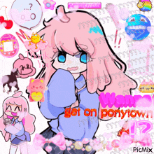 a drawing of a girl with the words get on ponytown on the bottom