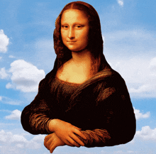a painting of a woman with a blue sky and clouds behind her
