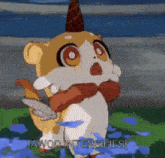 a cartoon hamster with a unicorn horn on its head is standing in a field of blue flowers .
