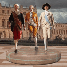 three men in historical costumes are standing on a chess board with the name alohabulls written on the bottom
