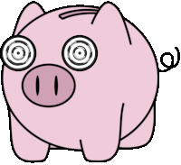 a pink piggy bank with hypnotic eyes and a twisted tail