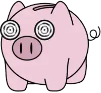 a pink piggy bank with hypnotic eyes and a twisted tail