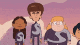 a group of cartoon characters with the letter s on their pants