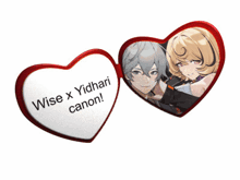 two heart shaped buttons with wise x yidhari canon written on them