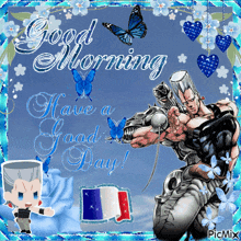 a picture of a man holding a sword with the words good morning have a good day