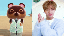 a stuffed animal is standing next to a man in a blue sweater .
