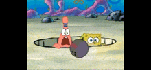 a cartoon of spongebob and patrick playing bowling in a hole .