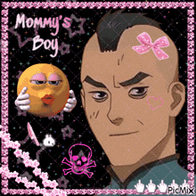 a picture of a man with a smiley face and the words mommy 's boy written on the bottom