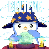 a penguin wearing a wizard hat is holding a crystal ball and the word believe is above it