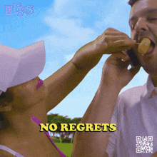 a woman is feeding a man a piece of fruit with the words no regrets written below her
