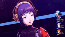 a purple haired anime character with headphones and the number 303 on her chest