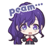 a cartoon girl with purple hair and blue eyes is wearing a school uniform and holding her hands together .
