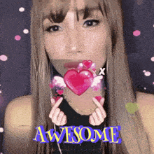 a woman with long hair is holding a pink heart in her mouth with the words awesome written on the bottom