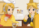 two anime characters are sitting at a table with a cup of curry in front of them