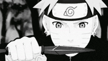a black and white drawing of naruto holding a sword