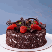 a chocolate cake with strawberries and chocolate shavings on it