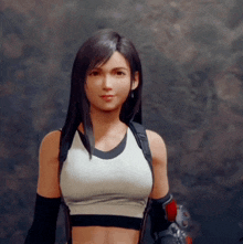 a woman with long black hair is wearing a white crop top and black gloves