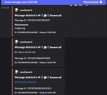 a screenshot of a discord server shows messages deleted in # and general