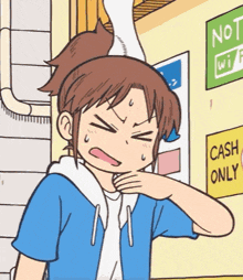 a cartoon of a girl standing in front of a sign that says " cash only "