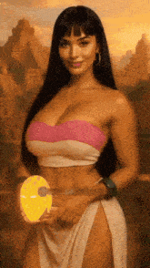 a painting of a woman in a pink top and white skirt holding a yellow object