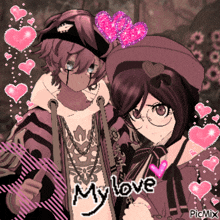 a picture of a boy and a girl with hearts and the words my love