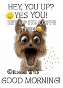 a picture of a dog with its mouth open and a good morning message on it .