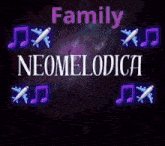 a neon sign that says family neomelodica with planes and music notes
