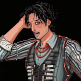 a cartoon drawing of a man wearing a striped shirt and a vest with electrical outlets on it