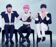 a group of anime characters are sitting on chairs
