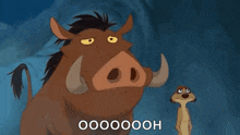 a cartoon warthog and meerkat are standing next to each other .