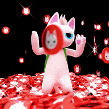 a white cat with a green backpack stands in a pile of red buttons