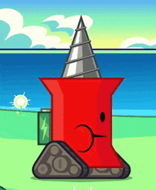 a cartoon drawing of a red object with a spiral drill on top of it