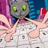 a cartoon cat is sitting on top of a keyboard with the letter g on it