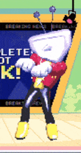 a cartoon character is dancing in front of a sign that says " breaking news "