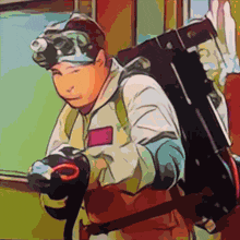 a cartoon drawing of a man wearing goggles and carrying a gun