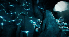 a computer generated image of a cave with a robot looking out