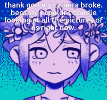 a picture of a girl with flowers in her hair and a caption that says thank god my camera broke