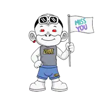 a cartoon character holding a flag that says miss you on it