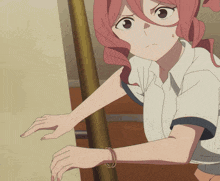 a girl with pink hair is wearing a white shirt