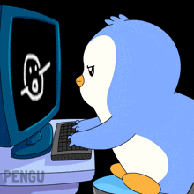 a penguin is typing on a keyboard in front of a computer screen that says pengu on the bottom
