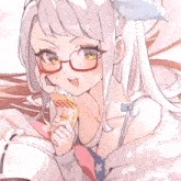 a girl with glasses and a cat ear is holding a piece of food