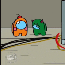 a cartoon of an orange among us character and a green frog .