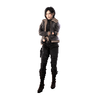 a woman wearing a brown jacket and black pants stands with her arms crossed